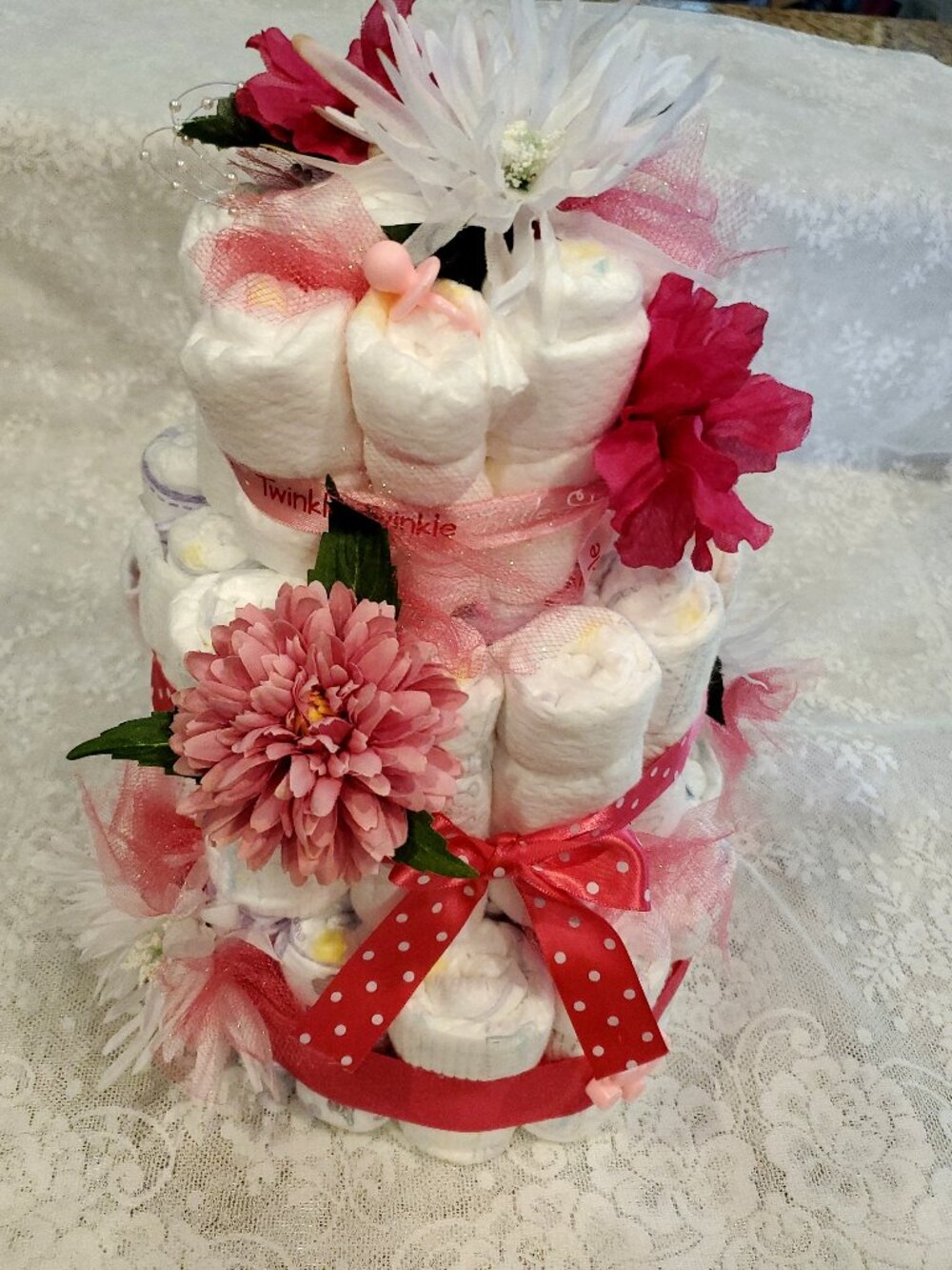 Beautiful 3-Tier Baby Shower Diaper Cake Centerpiece Pink Girl Decoration